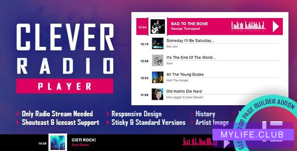 CLEVER v1.0.0 – HTML5 Radio Player With History – Shoutcast and Icecast – Elementor Widget Addon